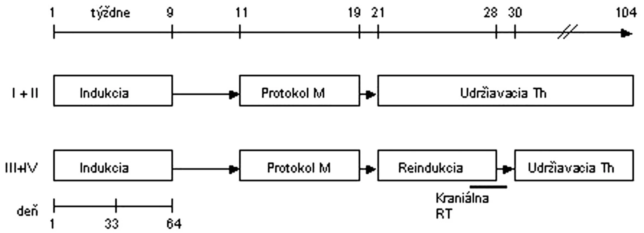 Protokol NHL BFM 95 – I. terapeutická skupina.

<strong>Indukcia:</strong> prednizón, vinkristín, daunorubicin, l-asparagináza, cyklofosfamid, cytarabín, 6-merkaptopurín, metotrexát i.th.
<strong>Protokol M:</strong> 6-merkaptopurín, metotrexát 5 g/m<sup>2</sup> v 24-hodinovej infúzii + leukovorín, metotrexát i. th.
<strong>Protokol II:</strong> dexametazón, vinkristín, doxorubicín, l-asparagináza, cyklofosfamid, cytarabín, 6-tioguanín, metotrexát i. th.
<strong>RT</strong> - rádioterapia