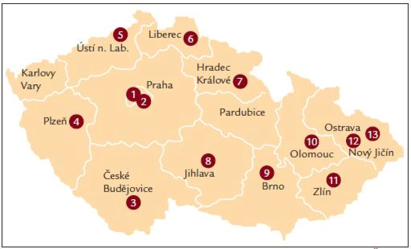 Síť komplexních onkologických center (KOC) pokrývá celé území ČR.
1 – KOC FN Motol Praha, 2 – KOC FN Na Bulovce ve spolupráci s VFN a Fakultní Thomayerovou nemocnicí s poliklinikou Praha, 3 – KOC Nemocnice České Budějovice, 4 – KOC FN Plzeň, 5 – KOC Masarykova nemocnice Ústí nad Labem, 6 – KOC Krajská nemocnice Liberec, 7 – KOC FN Hradec Králové ve spolupráci s Radiologickým centrem Multiscan, s. r. o., 8 – KOC Nemocnice Jihlava, 9 – KOC Masarykův onkologický ústav Brno ve spolupráci s FN Brno a FN u sv. Anny, 10 – KOC FN Olomouc, 11 – KOC Nemocnice Zlín, 12 – KOC Nový Jičín, 13 – KOC FN Ostrava.