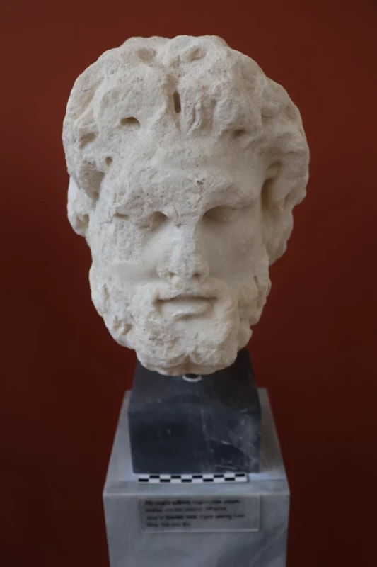 Hlava zralého vousatého muže, pravděpodobně část kultovní sochy znázorňující boha Asklépia. Polovina 4. století př. n. l. Archeologické muzeum Paros, inv. č. 345. Foto: Pavla Alušíková Dostalíková