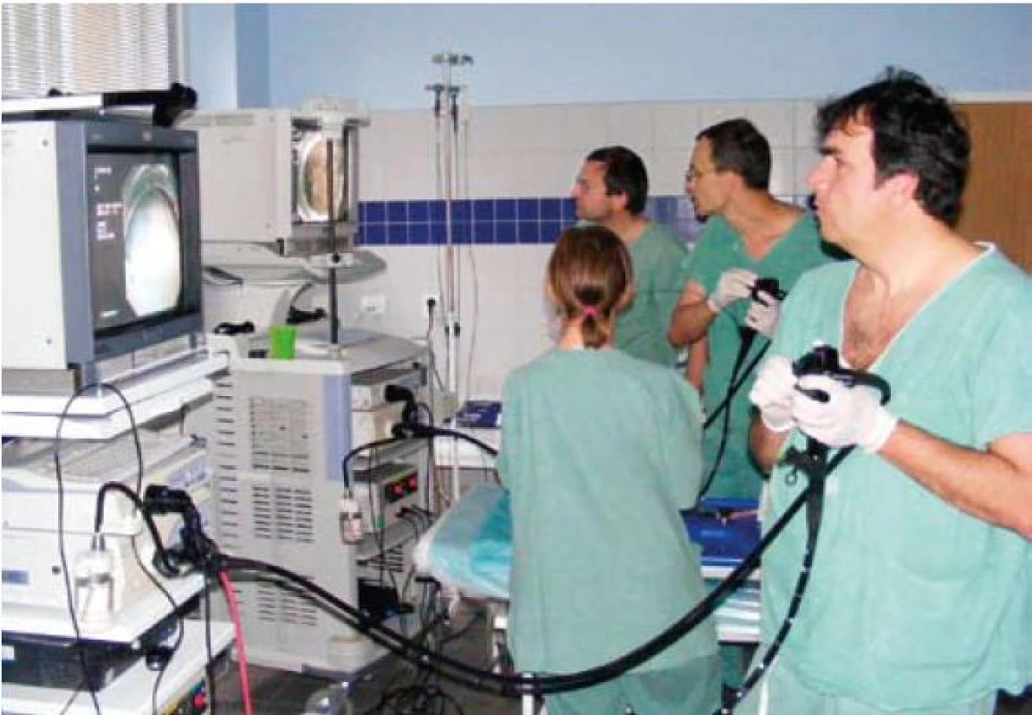 Kurz submukózní endoskopické disekce. Přední čeští endoskopisté zaujatě sledují dění na monitoru.
Fig. 3. Course in submucousal endoscopic dissection. Leading Czech endoscopists watch the monitor with interest to see what happens.