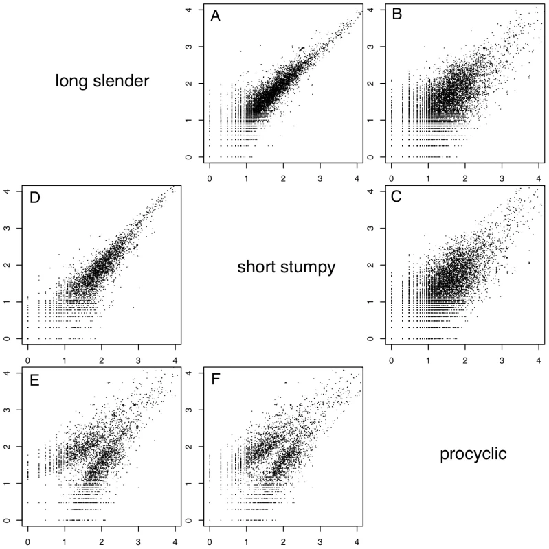 Whole genome comparisons of gene expression levels.