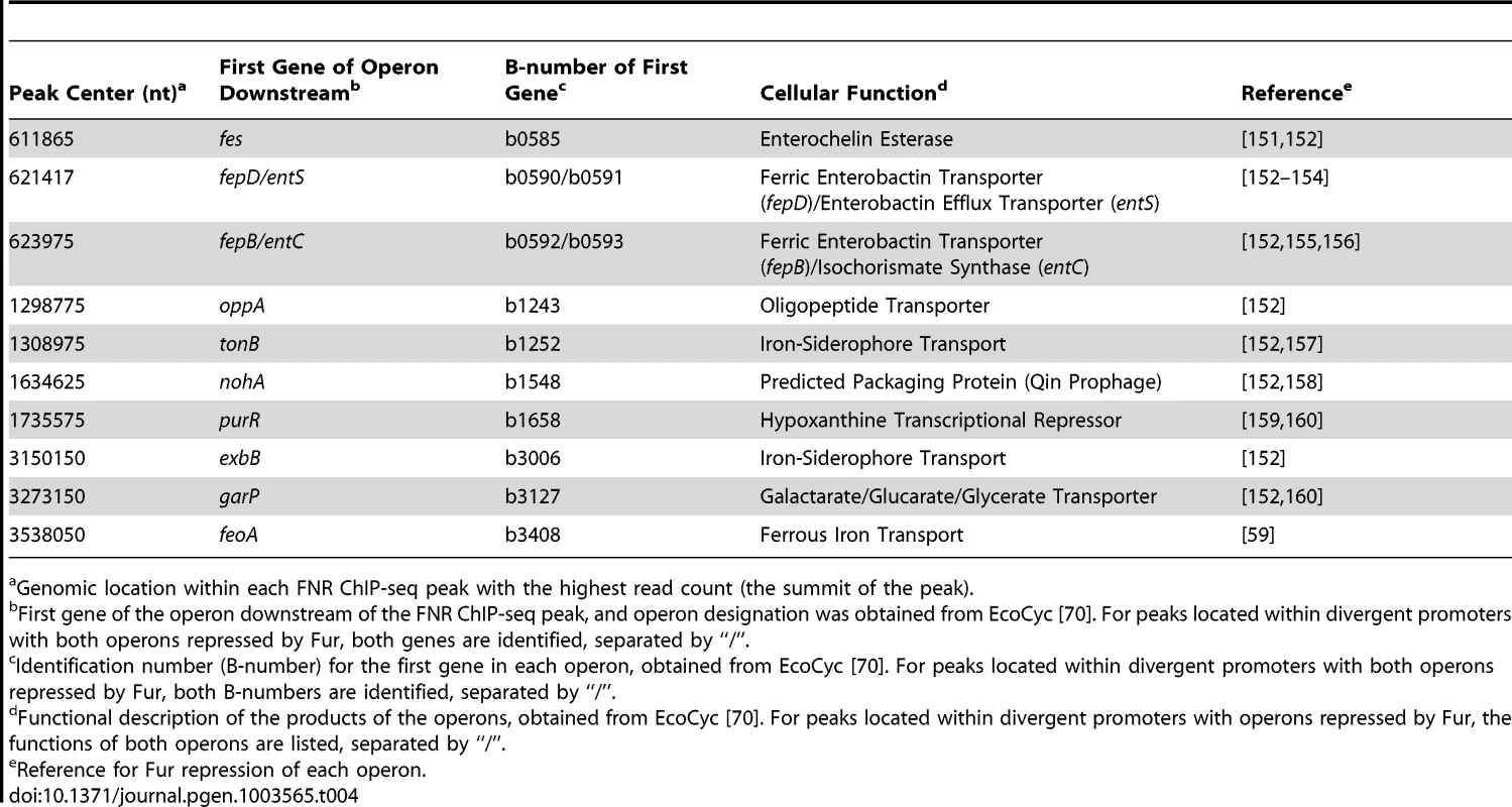 Operons associated with a FNR ChIP-seq peak and lacking a FNR-dependent change in expression in GMM but are repressed by Fur (Category 4).