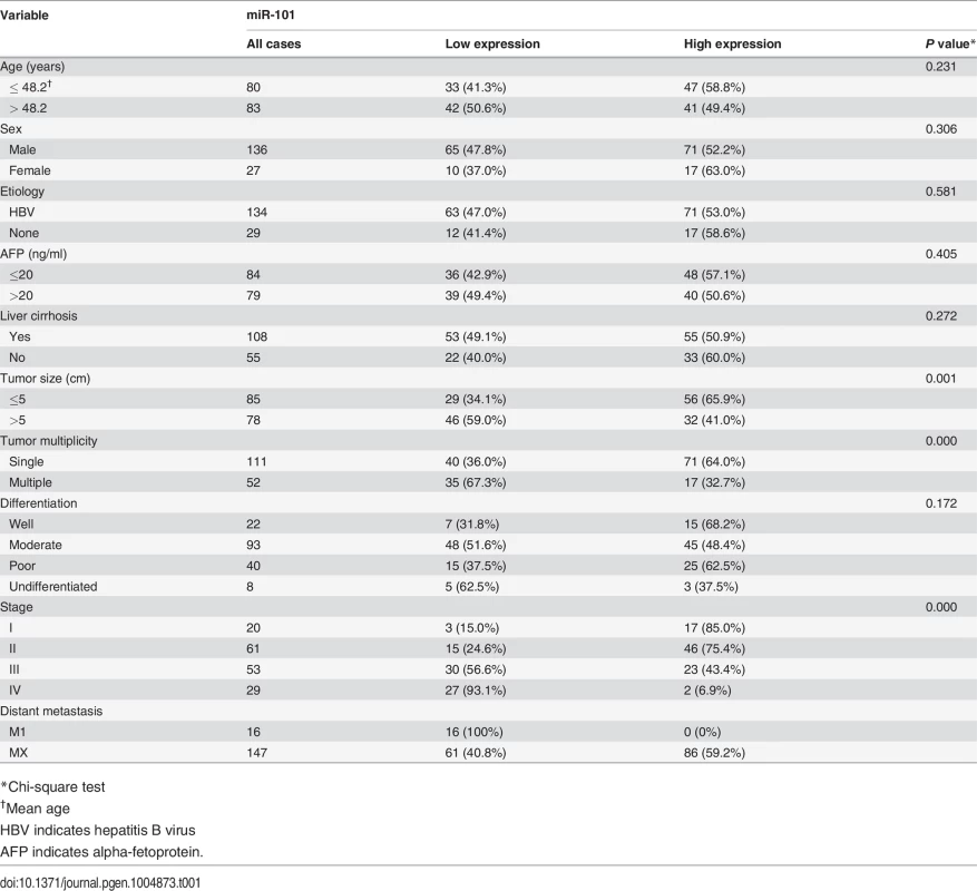 Correlation of plasma miR-101 expression with patients’ clinicopathologic variables in human hepatocellular carcinomas.