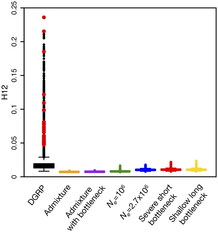 Elevated H12 values and long-range LD in DGRP data.