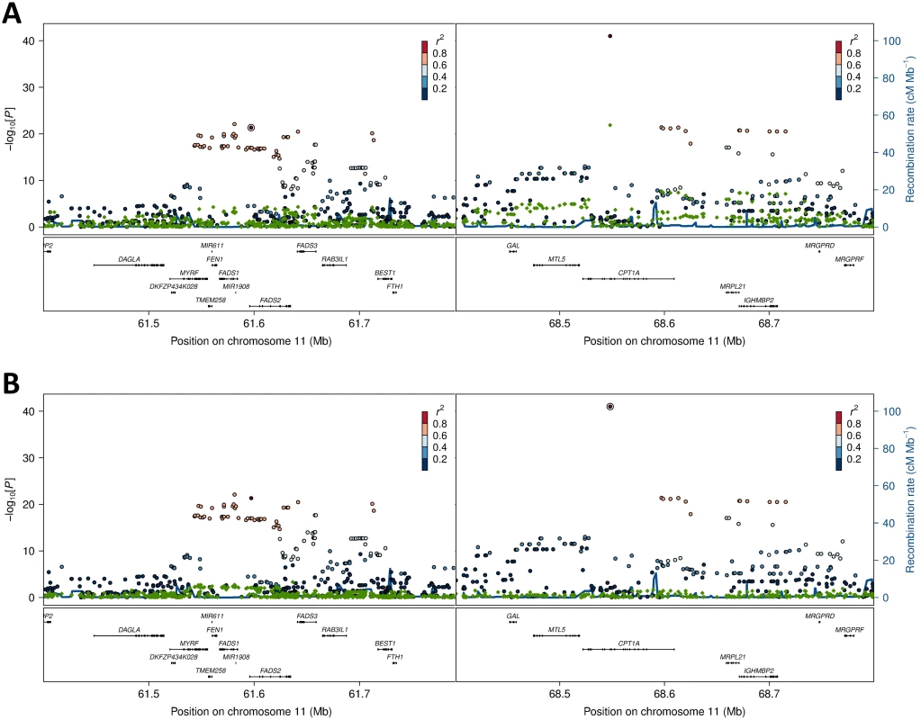 Association and conditional plot combined for the <i>FADS2</i> and <i>CPT1A</i> loci with erythrocyte membrane 11-eicosenoic acid (20:1 ω-9).