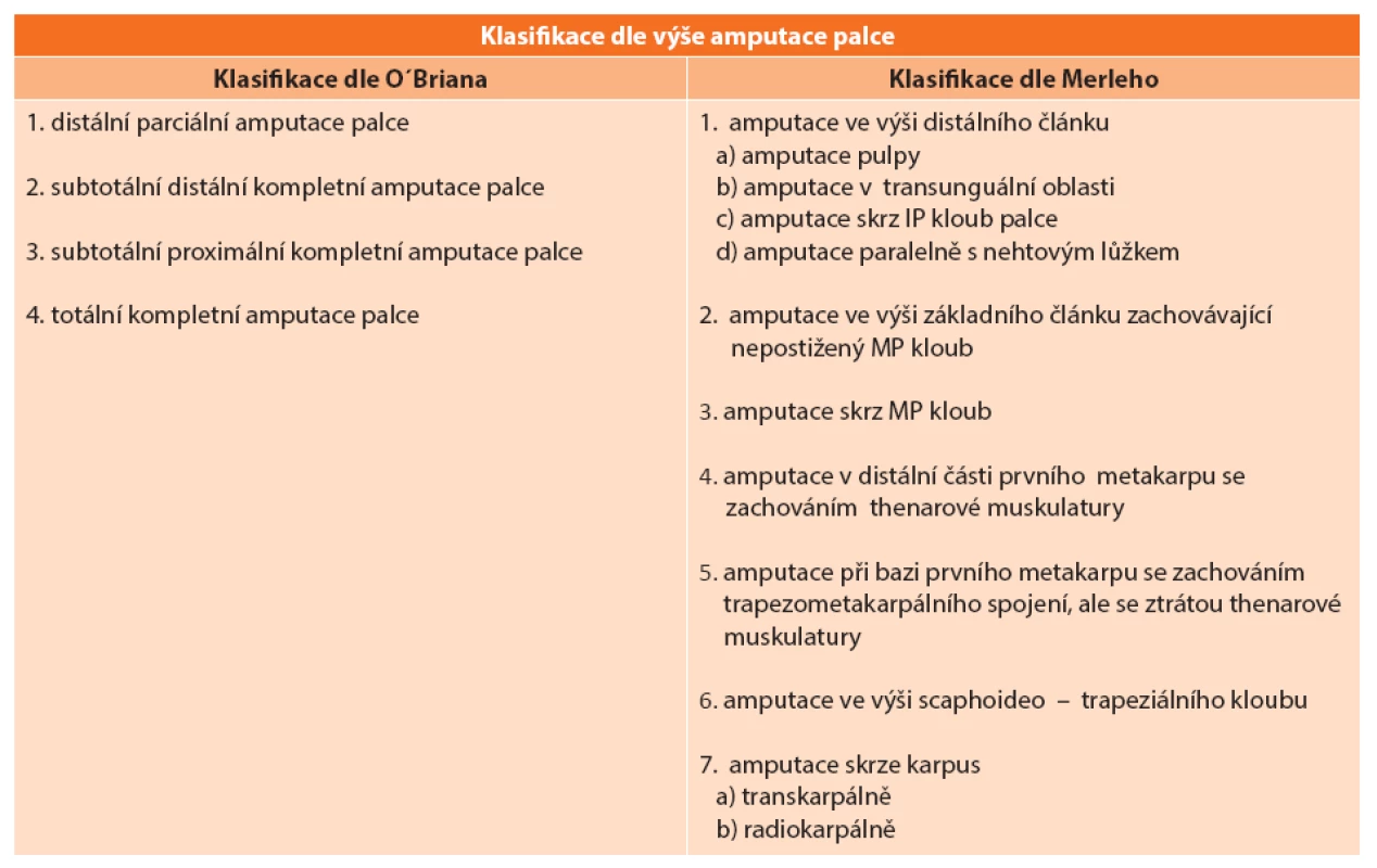 Klasifikační schéma podle výše amputace palce
Tab. 2: Classification diagram according to the level of thumb amputation