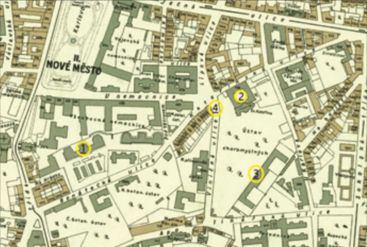 Mapa Všeobecné nemocnice a okolí – stav z roku 1938: 1. Tzv. Jubilejní pavilon,  kde byla umístěna neurologická část do roku 1944; 2. „Kateřinky“ neboli „Starý dům” –  do roku 1942 Zemský ústav choromyslných, od roku 1944 sídlo neurologické části ně mecké Psychiatricko-neurologické kliniky; 3. „Nový dům” sídlo psychiatrické části ně mecké Psychiatricko-neurologické kliniky; 4. budova ve Viničné ulici č. 9, od roku 1943  české neurologické oddělení Všeobecné nemocnice. Fig. 4. Map of the General Hospital and its surroundings – state in 1938: 1. The so-called  Jubilee Pavilion, where the neurological section was located until 1944; 2.”Kateřinky” or  the “Old House” – until 1942 the Provincial Institute for the Insane, from 1944 the seat of  the neurological section of the German Department of Psychiatry and Neurology; 3. The  “New House” – seat of the psychiatric section of the German Department of Psychiatry  and Neurology; 4. The building at Viničná Street No. 9, since 1943, the Czech Neurologi cal Department of the General Hospital.