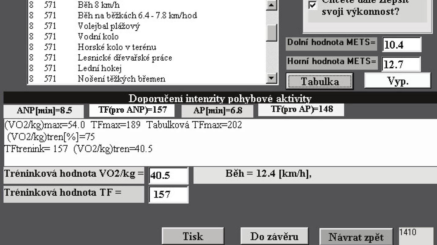 Kopie okna zobrazující výsledek programu pro stanovení pohybové aktivity pro zdravou osobu, trénovaného sportovce. Doporučená tepová frekvence pro trénink je v tomto případě 157 tep/min.