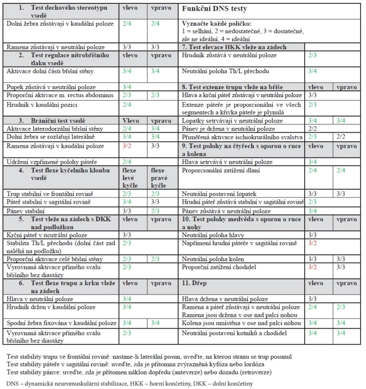 Vyplněný DNS vyšetřovací protokol pacientky. Fig. 6. Patient‘s DNS sheet.