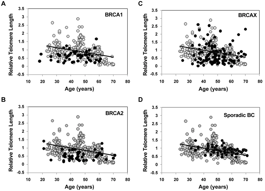 Telomere length distribution in control, familial breast cancer, and sporadic breast cancer cases.