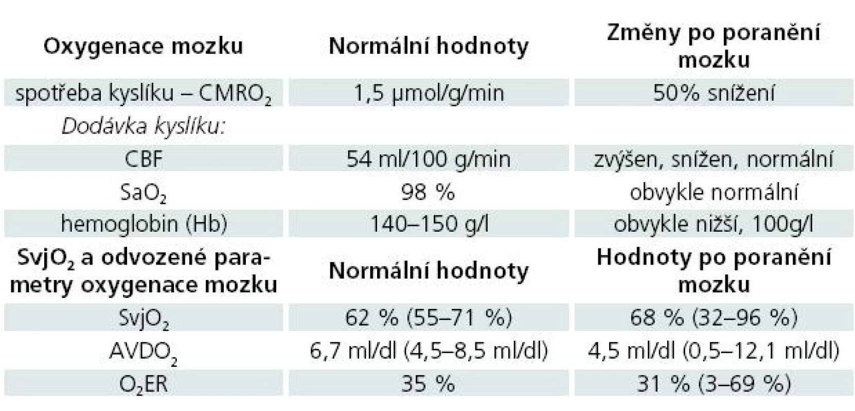 Parametry dodávky a spotřeby kyslíku v mozkové tkáni.