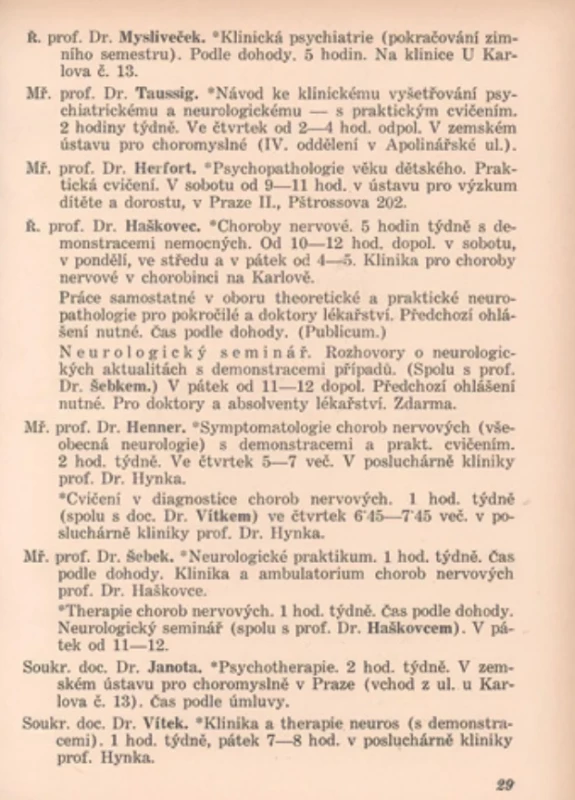 Seznam přednášek na Univerzitě Karlově v Praze v letním běhu 1936, str 29. Fig. 4. List of lectures at Charles University in Prague, summer semester 1936, p. 29.