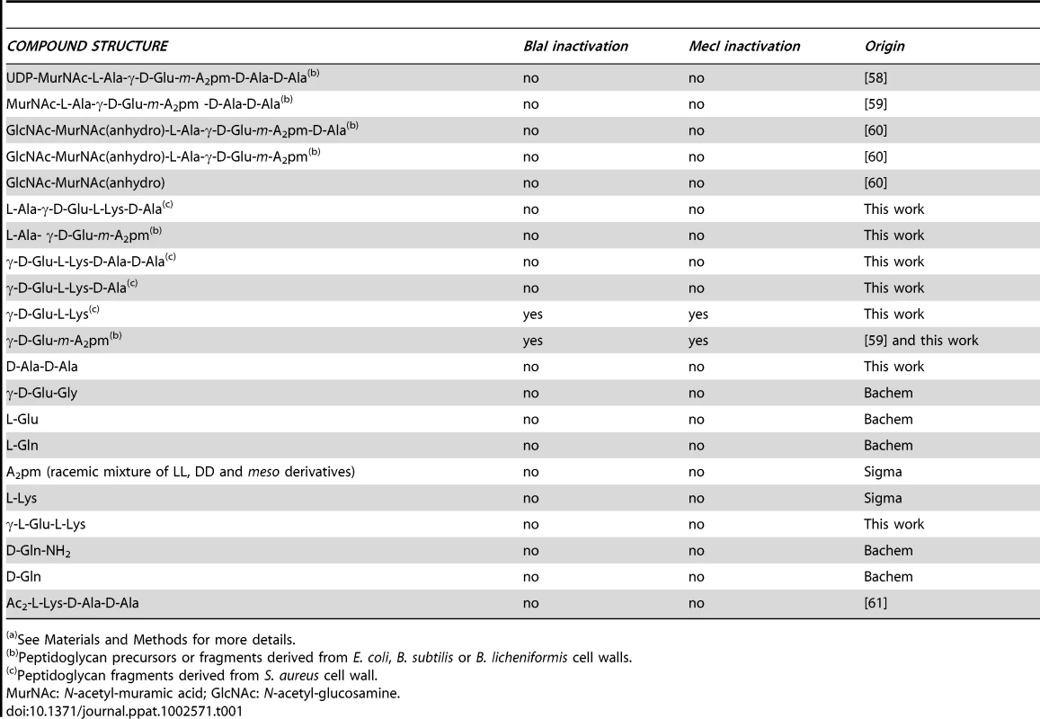 Peptidoglycan-related molecules tested for their ability to disrupt BlaI/MecI repressor-operator complexes by EMSA <em class="ref">(a)</em>.