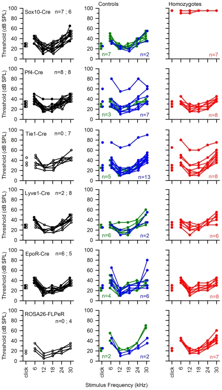 ABR thresholds of mice with <i>Spns2</i> conditionally inactivated in different tissues.