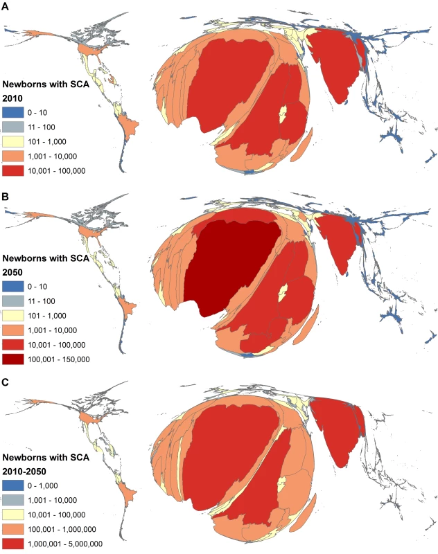 Cartograms of the estimated number of newborns with SCA per country.
