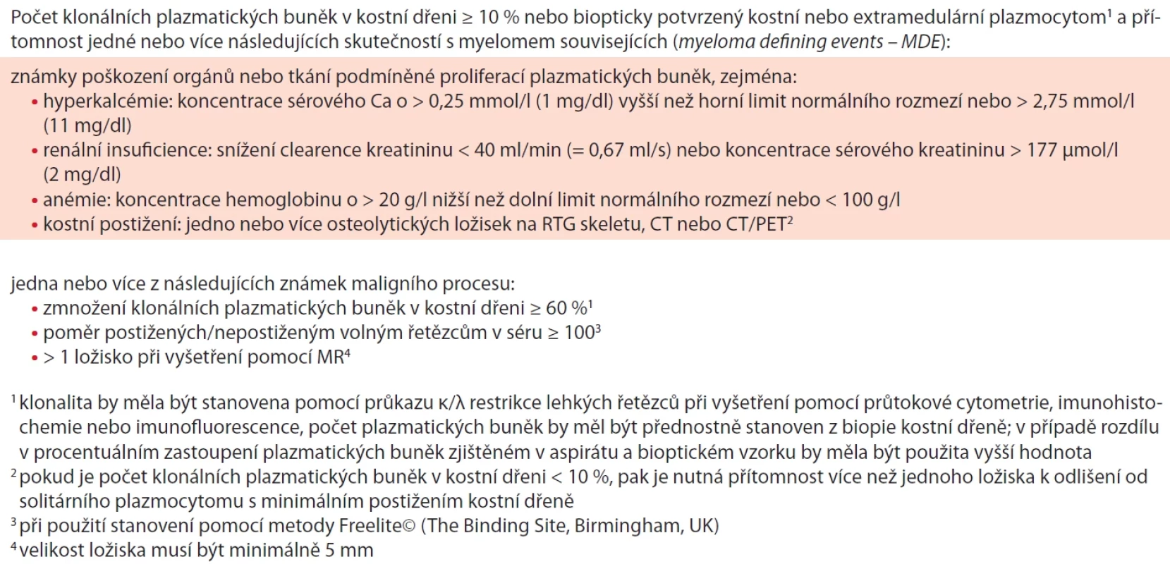 Revidovaná diagnostická kritéria mnohočetného myelomu (Rajkumar, 2014).