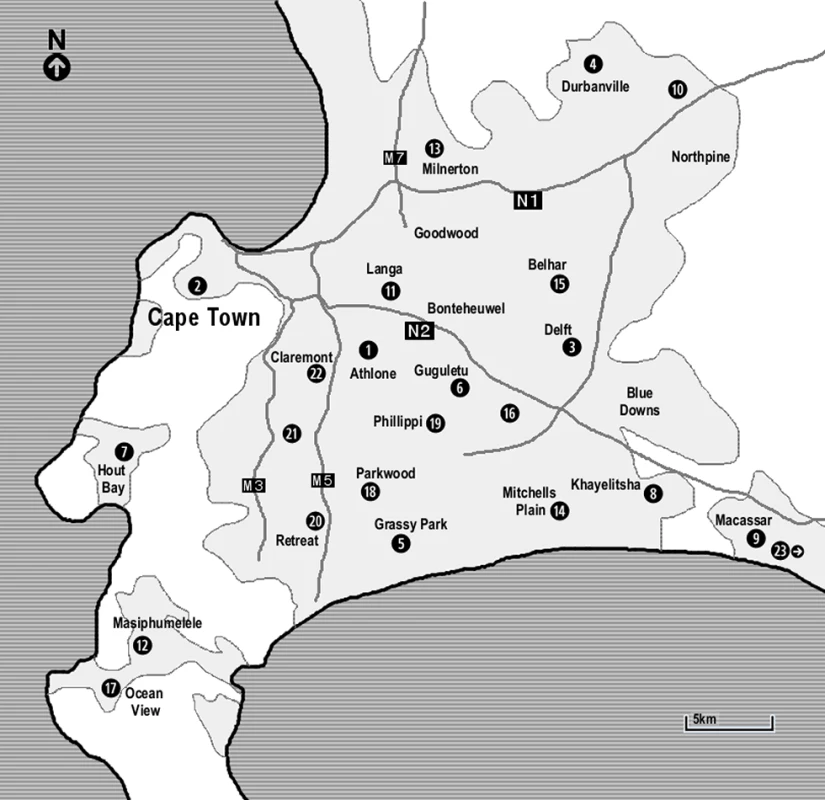 Map of Cape Town indicating the main areas in which the mobile services operated.