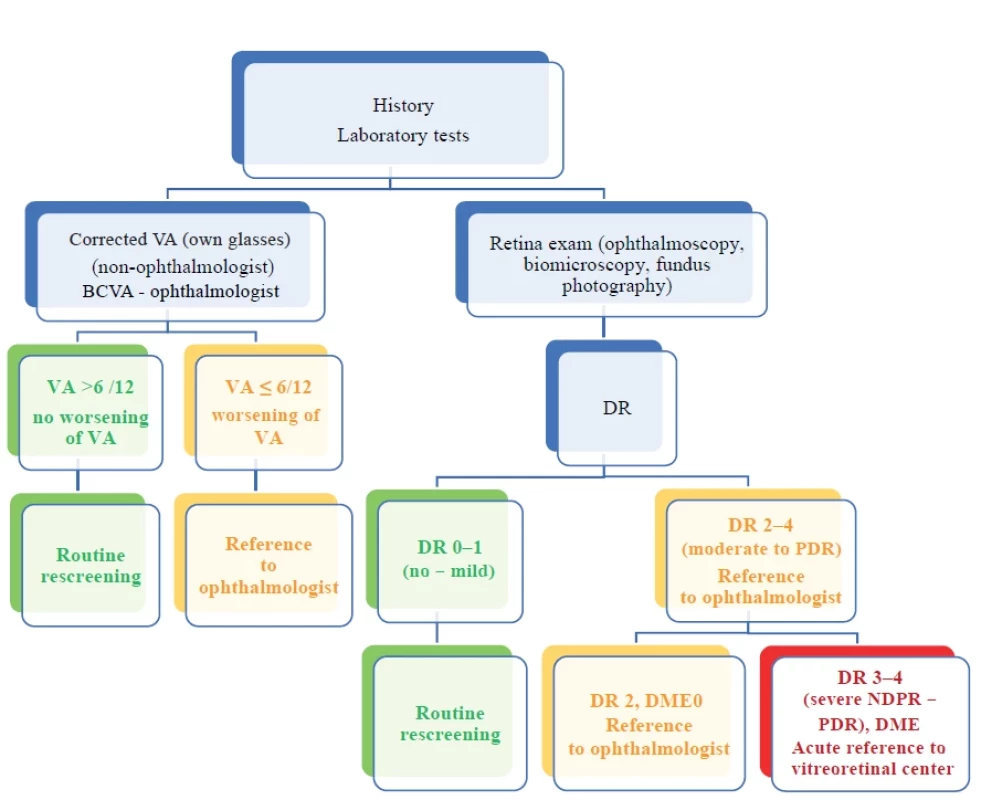 Algorithm of basic screening and patient reference to ophthalmology care (green – rescreening, orange – reference to ophthalmologist, red – acute reference to vitreoretinal center)