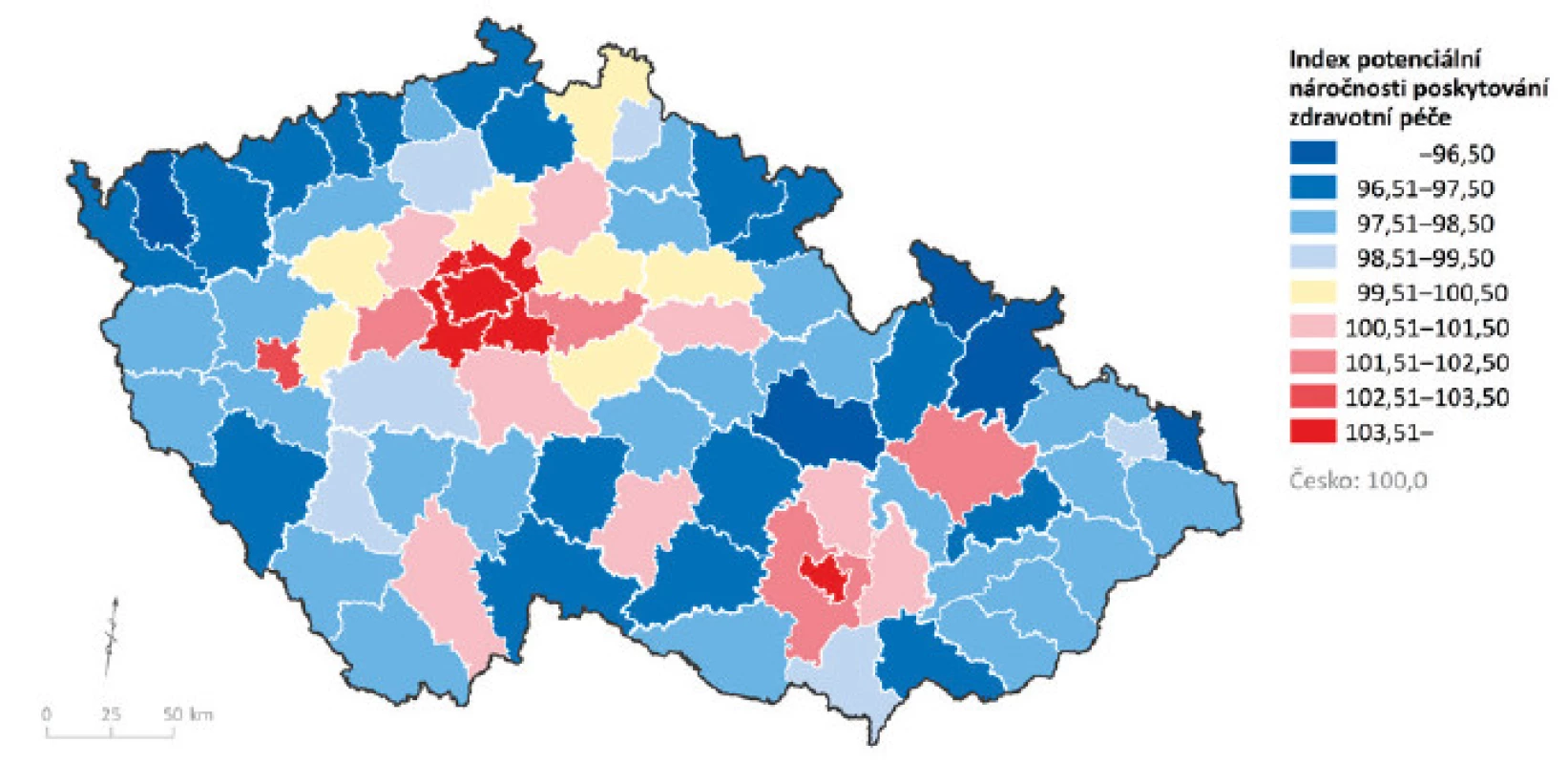 Index potenciální náročnosti poskytování zdravotní péče pro obyvatelstvo ve věku 0–19 let; stav k 31. 12. 2015