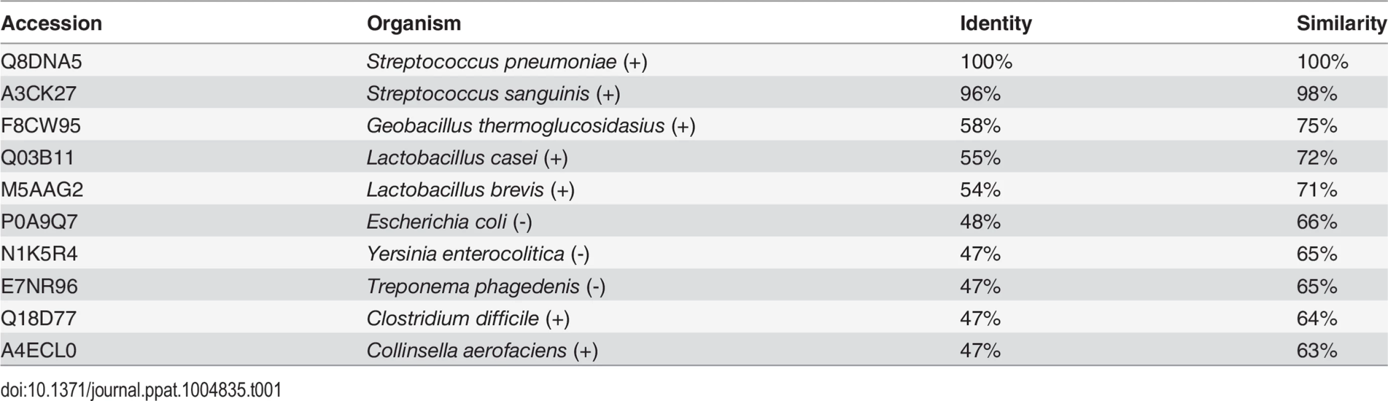 AdhE sequence conservation in representative Gram-positive (+) and Gram-negative (-) species with confirmed spirosome formation [<em class="ref">19</em>–<em class="ref">26</em>].
