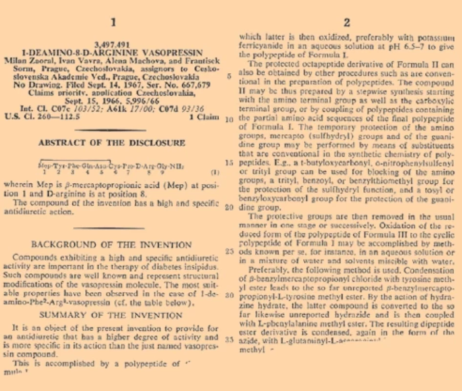 U.S. patent chránící dDAVP jako substanci a původní postup její syntézy, únor 1970.