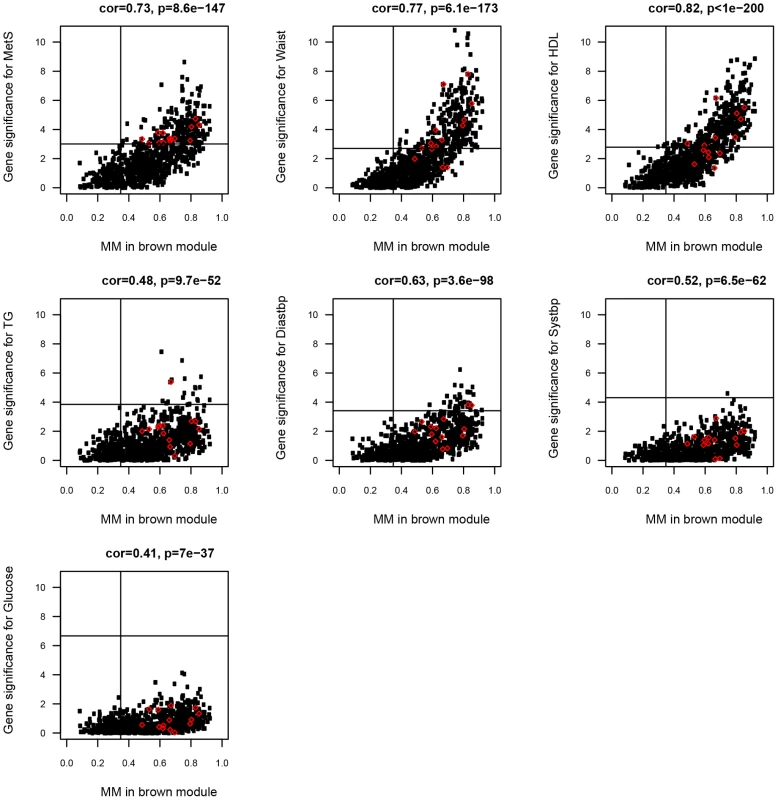 Scatterplot between MM (x-axis) and gene significance (y-axis) for MetS and the six MetS components in the ABD brown module.