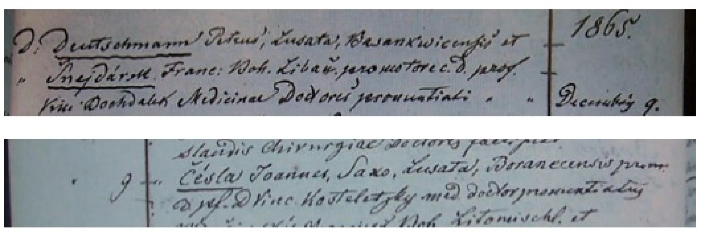 Zápisy promocí Pětra Dučmana a Jana Ćěsly v matrice Lékařské fakulty Karlo-Ferdinandovy univerzity v Praze (1)