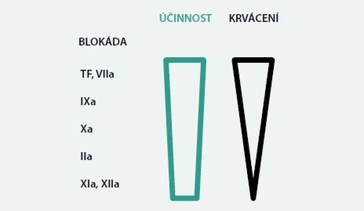 Předpokládaný poměr antikoagulačního účinku a rizika krvácení u blokády vybraných faktorů