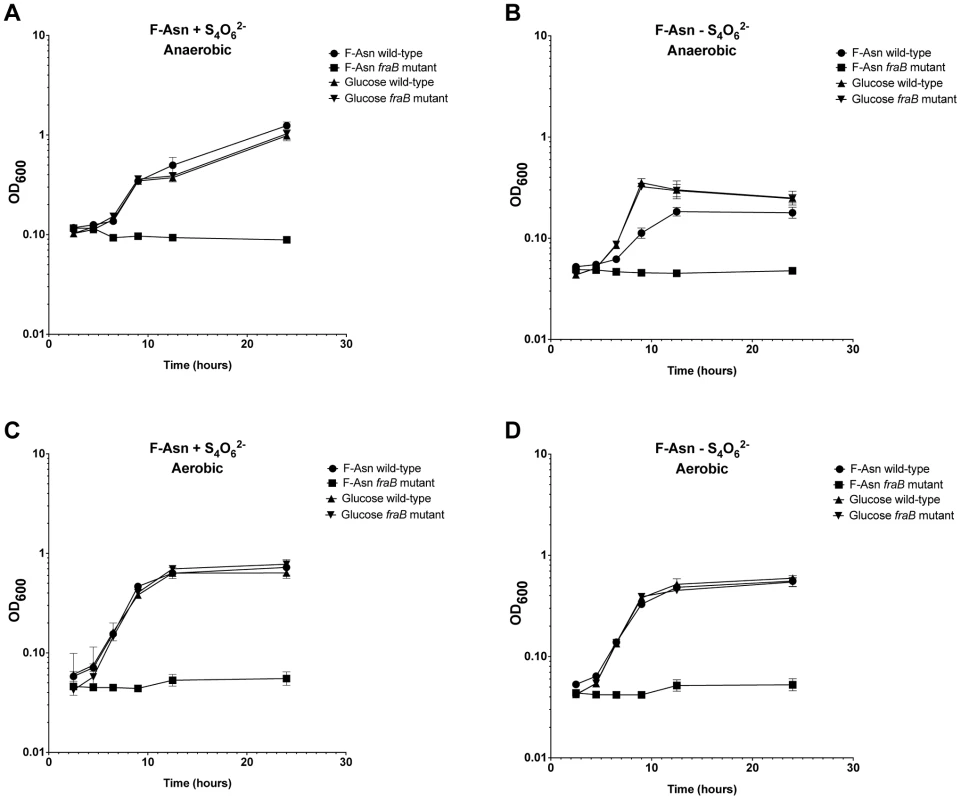 Growth of <i>Salmonella</i> on F-Asn in the presence or absence of tetrathionate or oxygen.