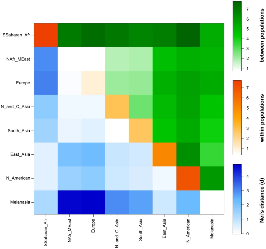 Heat map showing the intra- and inter-population variation measured by average pairwise sequence differences of the <i>SLC24A5</i> gene.