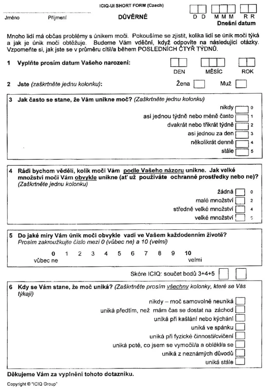 Dotazník International Consultation on Incontinence Questionnaire – Short form (ICIQ UI SF)