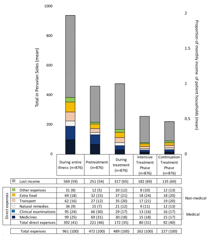 Lost income, direct expenses, and total expenses by treatment stage in mean Peruvian Soles (PEN) and as a proportion of mean monthly household income.
