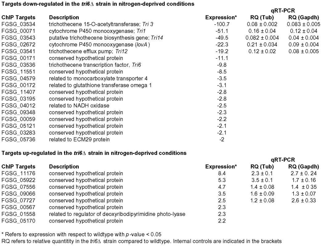 <i>Tri6</i> differentially regulates 26 targets under nitrogen-deprived conditions.
