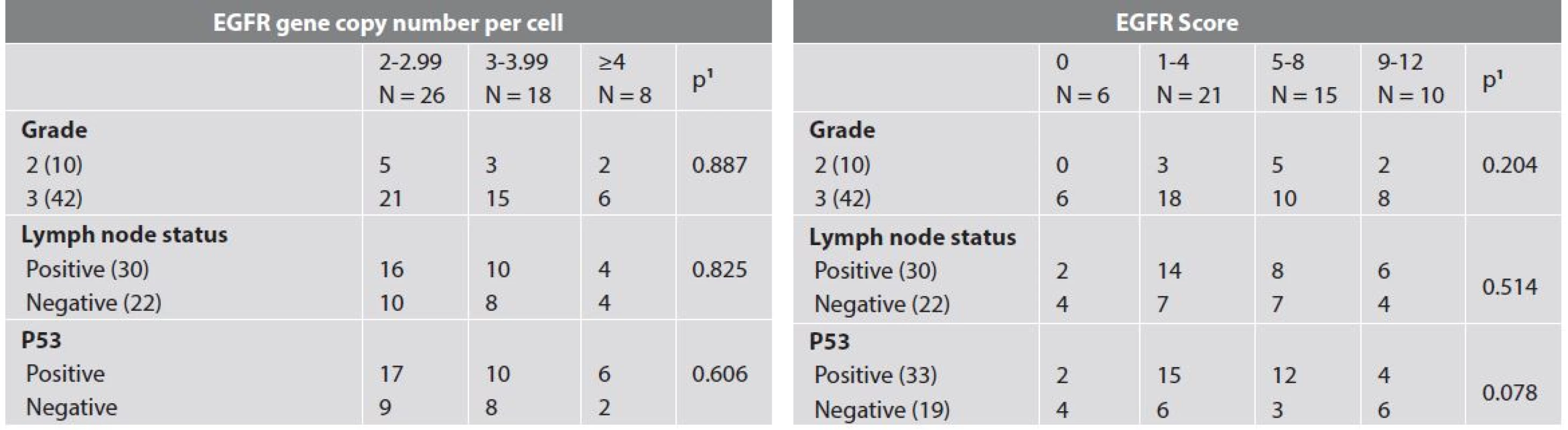 EGFR expression and selected clinico-pathologic characteristics.