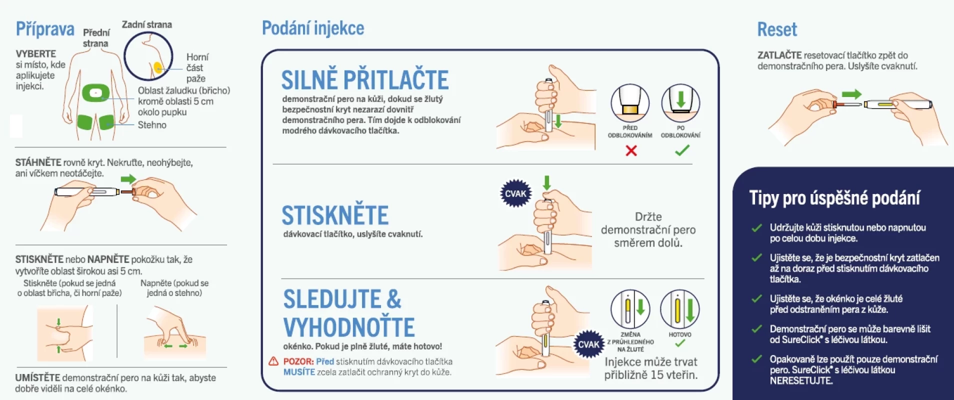 Praktický postup pro aplikaci PCSK9-inhibitoru injekčním perem.
