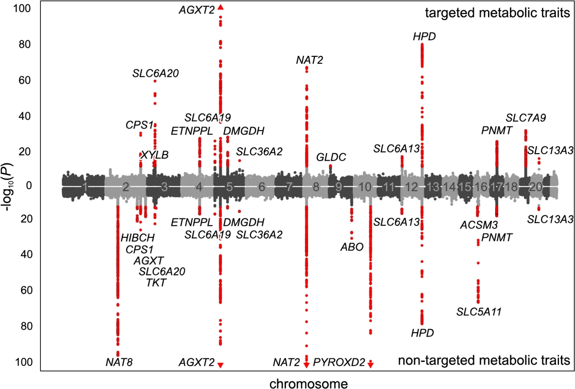 Manhattan plot of genetic associations to targeted and non-targeted traits.