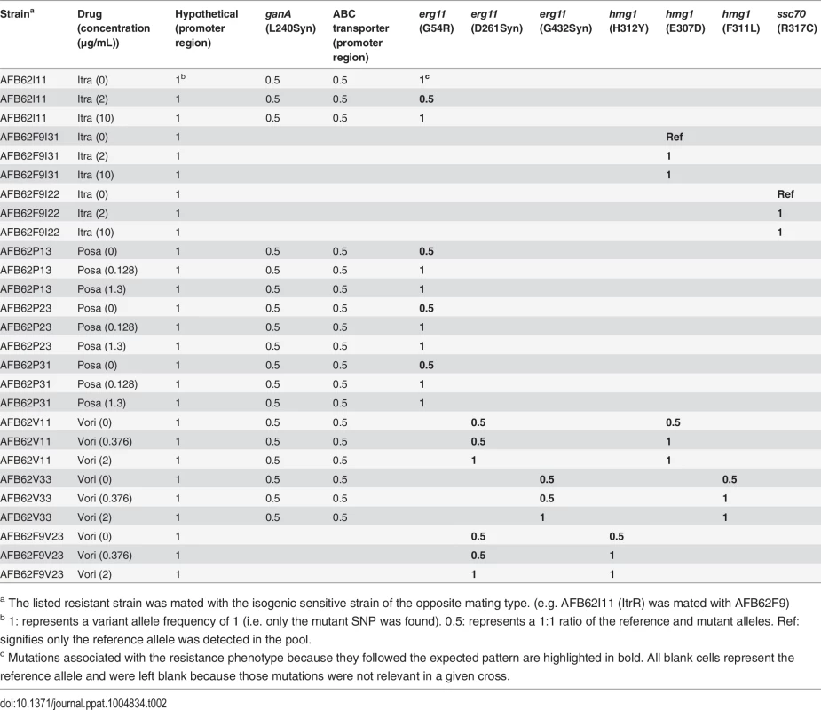 Variant allele frequencies of relevant mutations in sequenced pools of mating offspring under no drug, intermediate, and high-level selection for each drug.