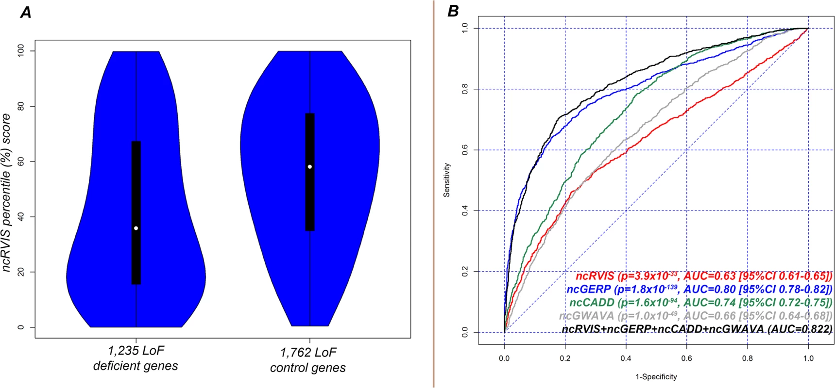 (A) Distribution of ncRVIS scores for the 1,235 loss-of-function deficient genes (left) compared to the 1,762 loss-of-function control genes (right). Median 37.95% vs. 58.09%; Mann-Whitney U test, p = 6.6x10<sup>-34</sup>. (B) Receiver operating characteristic (ROC) curves measuring the ability of RVIS, ncRVIS, pcGERP and ncGERP to discriminate between loss-of-function deficient and loss-of-function control genes.