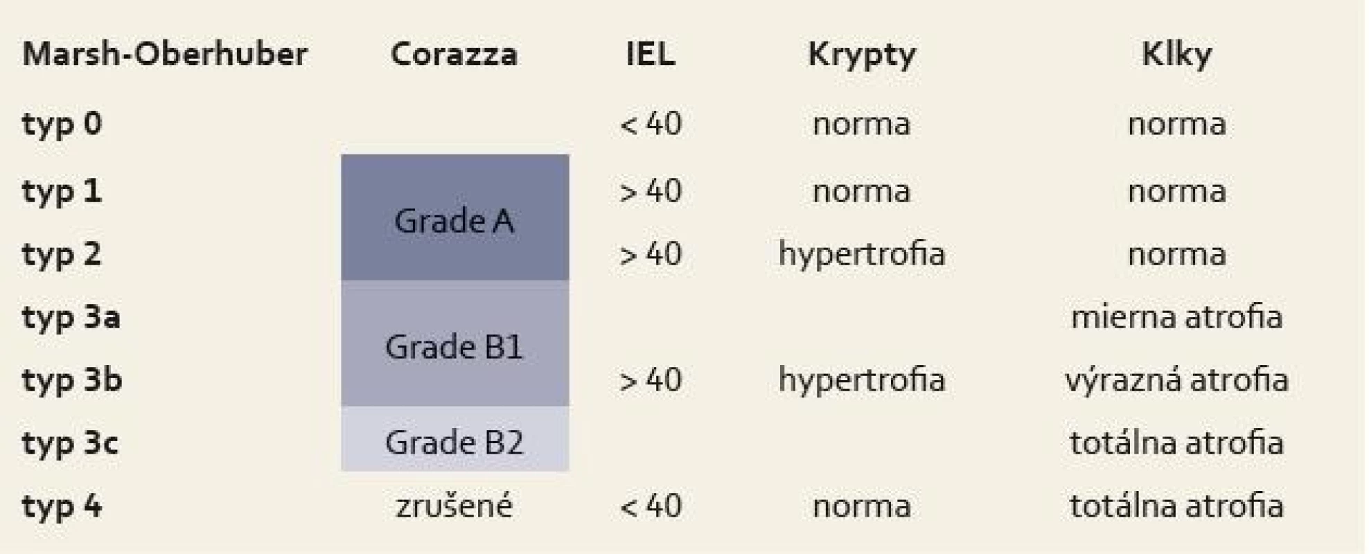 Porovnanie Marsh-Oberhuberovej klasifikácie [25] a klasifikácie Corazzu et al [26].
Tab. 1. A comparison of the Marsh-Oberhuber classification [25] with the classification of Corraza and others [26].