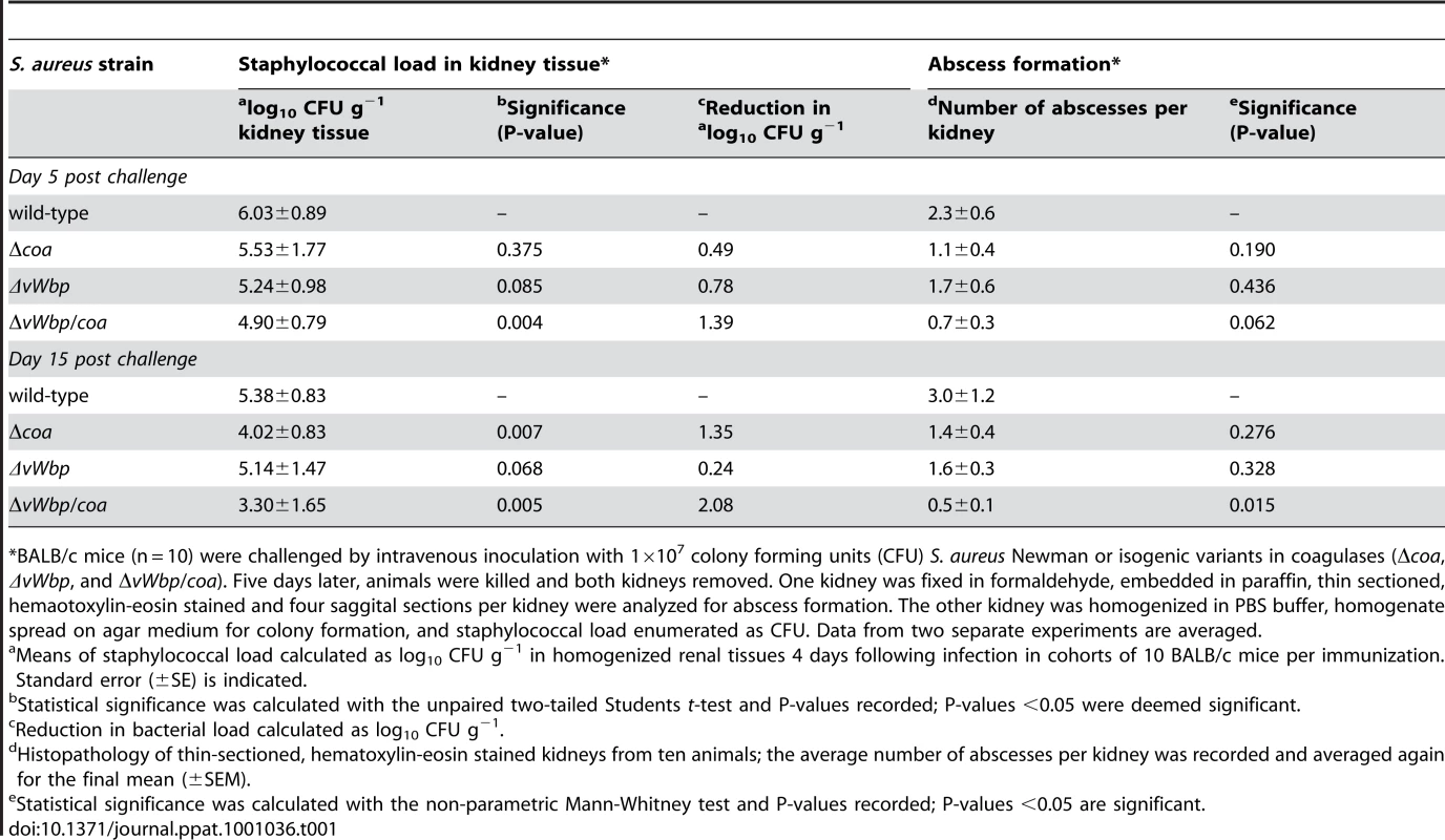 Virulence of staphylococcal Δ<i>coa</i>, <i>ΔvWbp</i>, and Δ<i>vWbp</i>/<i>coa</i> variants.