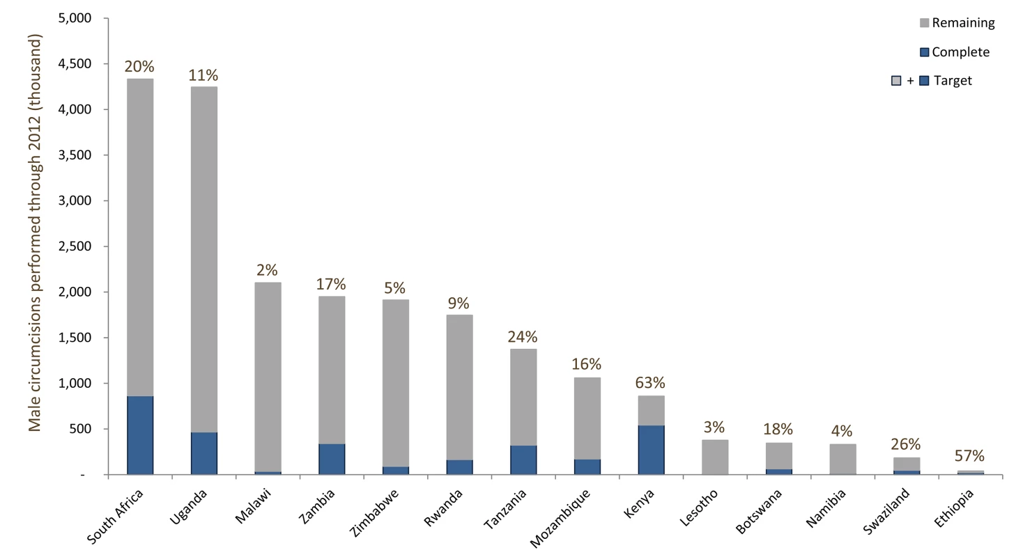 Scale-up of voluntary medical male circumcision program and coverage in 14 priority countries, 2008–2012.