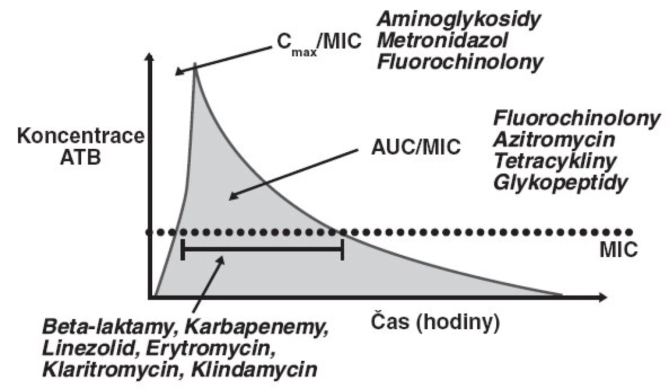 Farmakodynamické a farmakokinetické parametry antibiotik – časový průběh plasmatické
koncentrace antibiotika po bolusové aplikaci