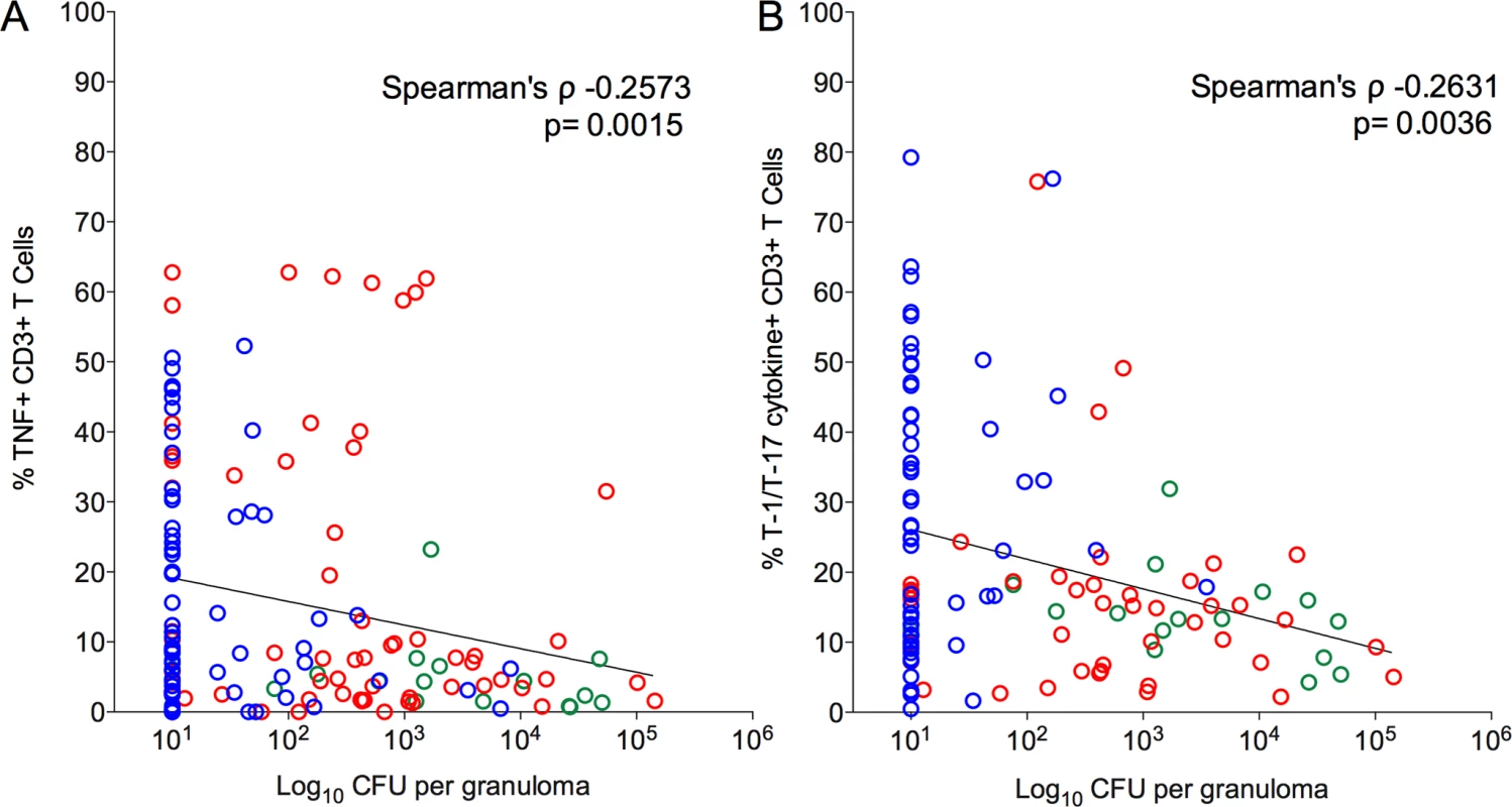 Correlation of pro-inflammatory T cell cytokine response to the bacterial burden (CFU per granuloma) in each of the individual granulomas.