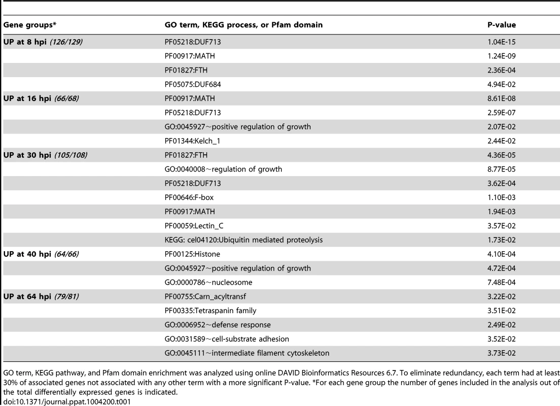 Gene Ontology (GO), Kyoto Encyclopedia of Genes and Genomes (KEGG), and Pfam domain (PF) enrichment analysis of <i>C. elegans</i> genes upreguated by <i>N. parisii</i> infection.
