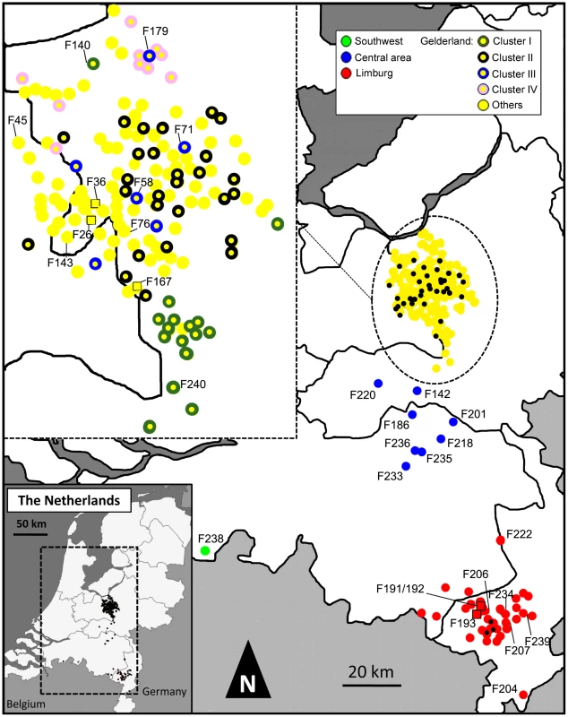 Map indicating the locations of farms infected during the 2003 HPAI H7N7 epidemic.