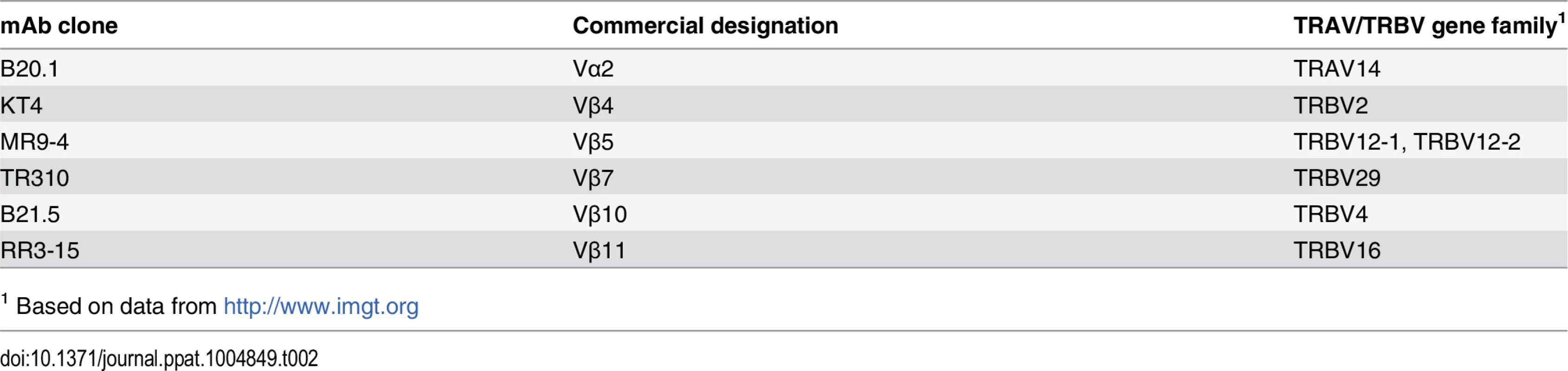 Anti-TCR antibodies and their specificity.