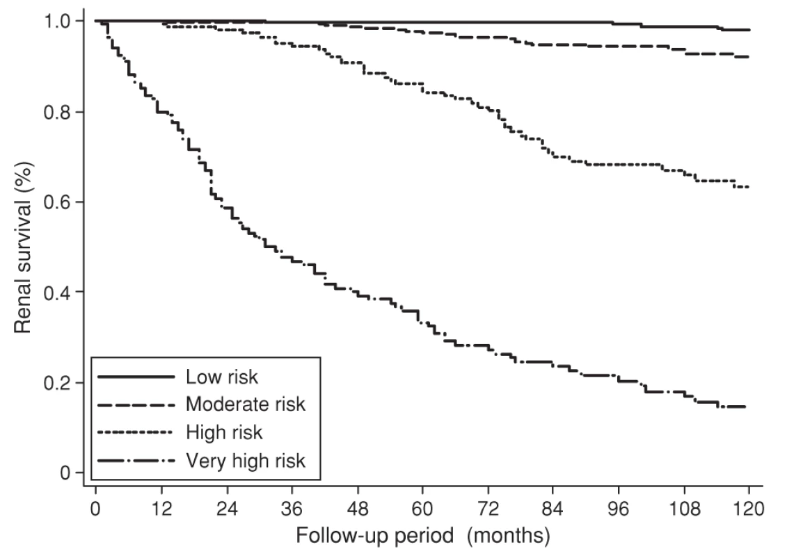 Kaplan-Meier survival curves for four risk groups derived from a prognostic model that provides a score to predict renal outcome in IgA nephropathy (reproduced from Goto et al <em class="ref">[83]</em>).