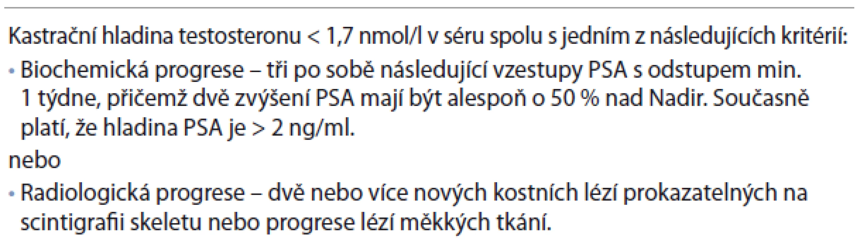Definice kastračně refrakterního karcinomu prostaty podle Evropské urologické asociace [15].