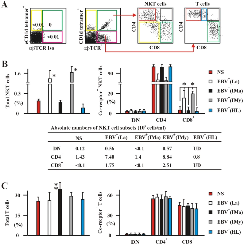 Human NKT and T cells in the various EBV-infected and non-infected subjects.