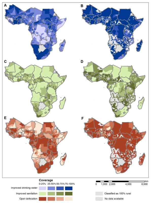 Predicted population coverage in 2012 for rural and urban populations, by second administrative area.